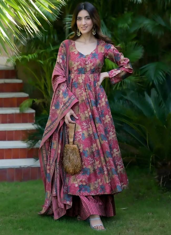 Pure Muslin Pink Festival Wear Printed Readymade Anarkali Suit